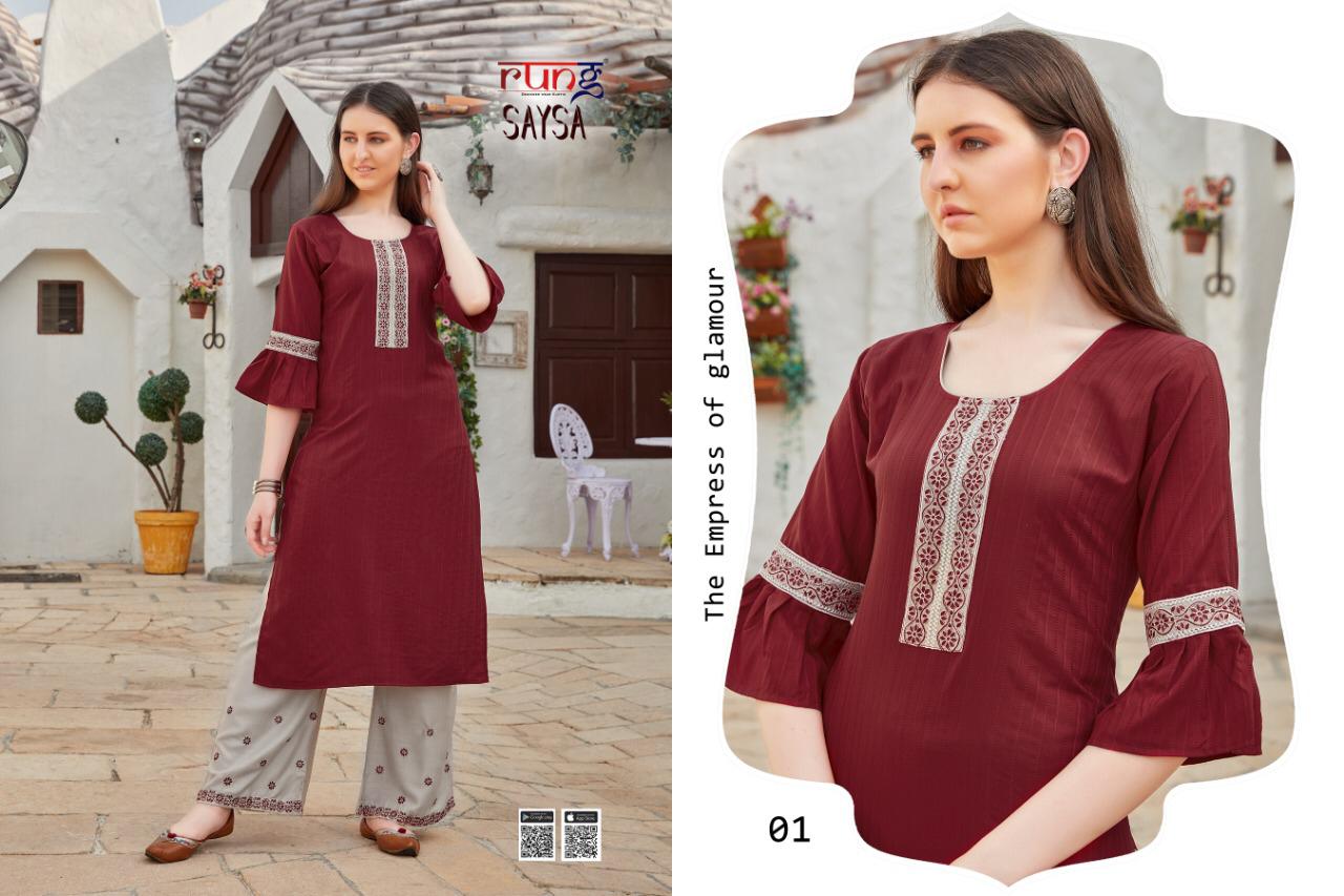 Rung Sasya Heavy Slub Latest Fancy Designer Casual Wear  Lining With heavy Hand Work Rayon With Embroidery Work Western Kurti With Bottom Collection